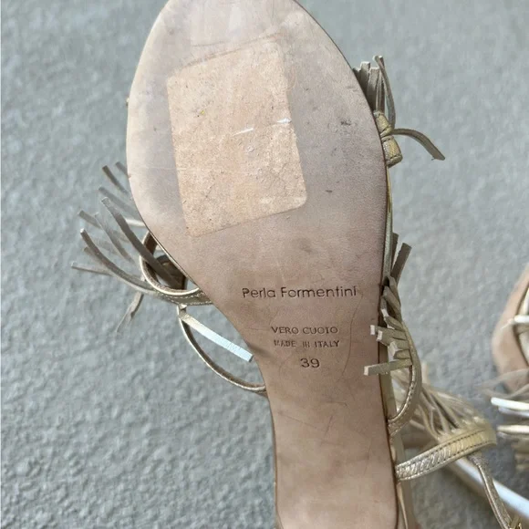 Perla Formentini Allegra Gold Platino Fringe Leather Heels Size 39 - Picture 10 of 11